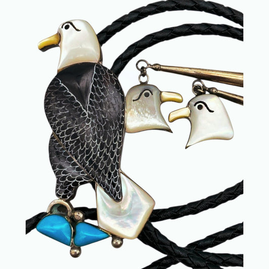 Authentic *Vtg Native Sterling Silver Eagle Inlay Bolo Tie Turquoise / Mother of Pearl