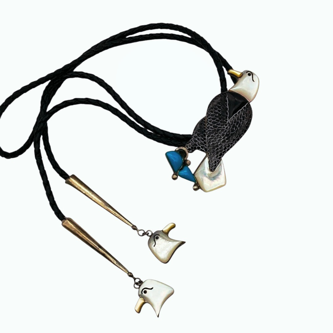Authentic *Vtg Native Sterling Silver Eagle Inlay Bolo Tie Turquoise / Mother of Pearl