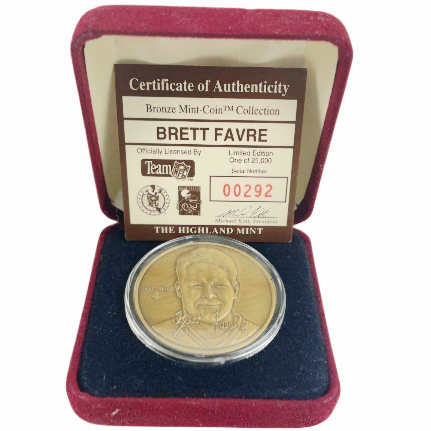 Brett Favre Highland Mint Bronze Coin Limited Edition COA /25000 Low Serial 00292