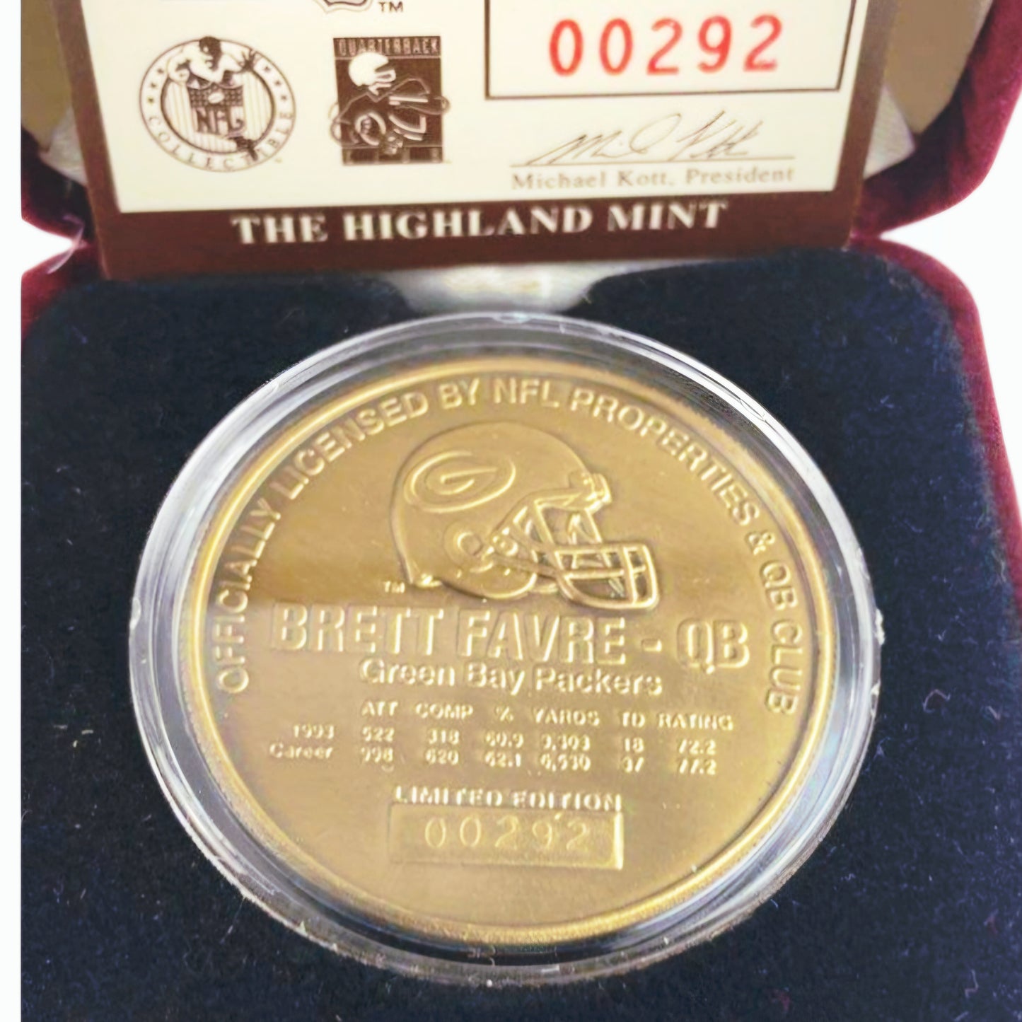 Brett Favre Highland Mint Bronze Coin Limited Edition COA /25000 Low Serial 00292