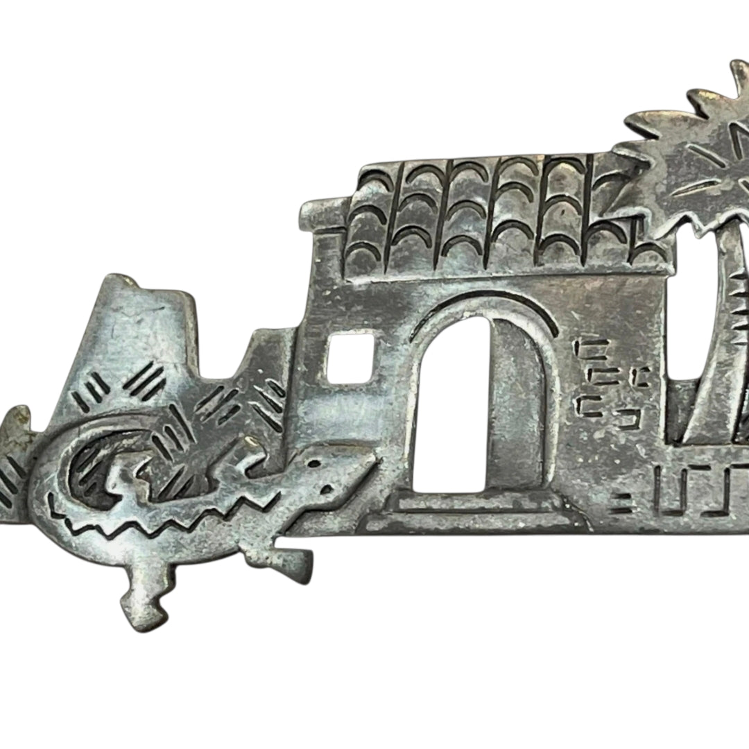 JJ Jonette 1988 Silver Tone Southwestern Desert Adobe Palm Tree Lizard Brooch