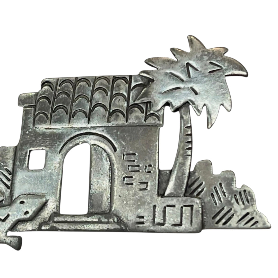 JJ Jonette 1988 Silver Tone Southwestern Desert Adobe Palm Tree Lizard Brooch