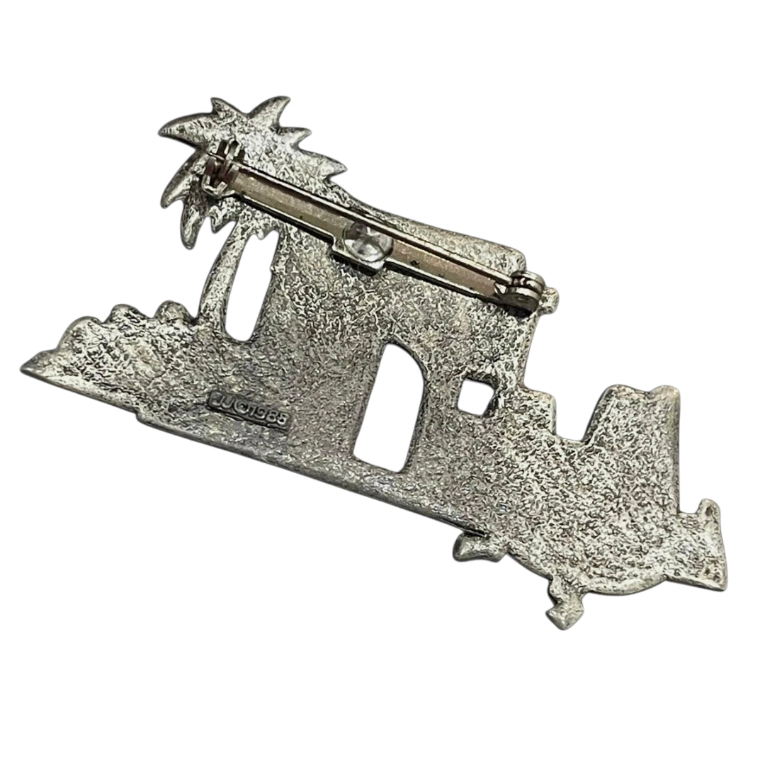JJ Jonette 1988 Silver Tone Southwestern Desert Adobe Palm Tree Lizard Brooch