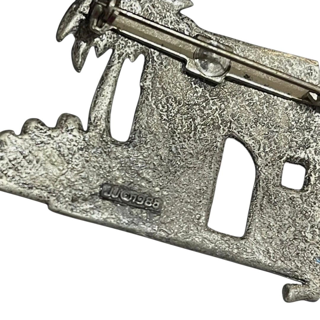 JJ Jonette 1988 Silver Tone Southwestern Desert Adobe Palm Tree Lizard Brooch