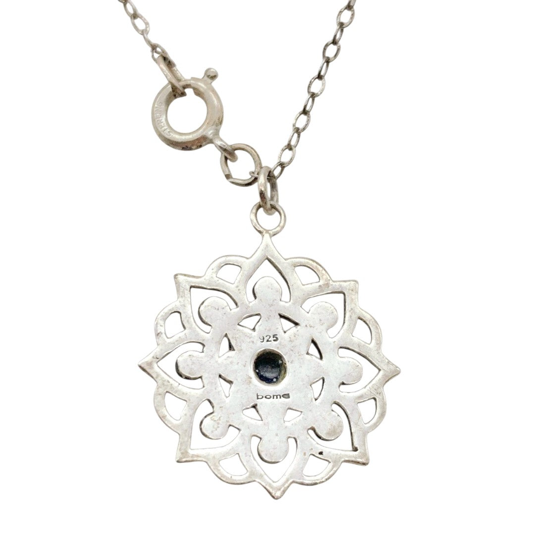 Vintage Sterling Silver Lapis Lazuli Lotus Mandala Pendant Necklace – Boho Chic