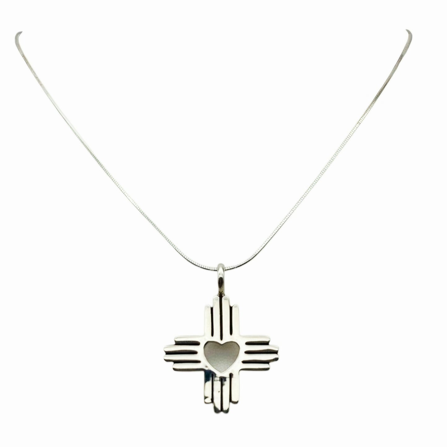 Beautiful *Sterling Silver Heart Zia Sun Pendant – Southwestern Cross Necklace