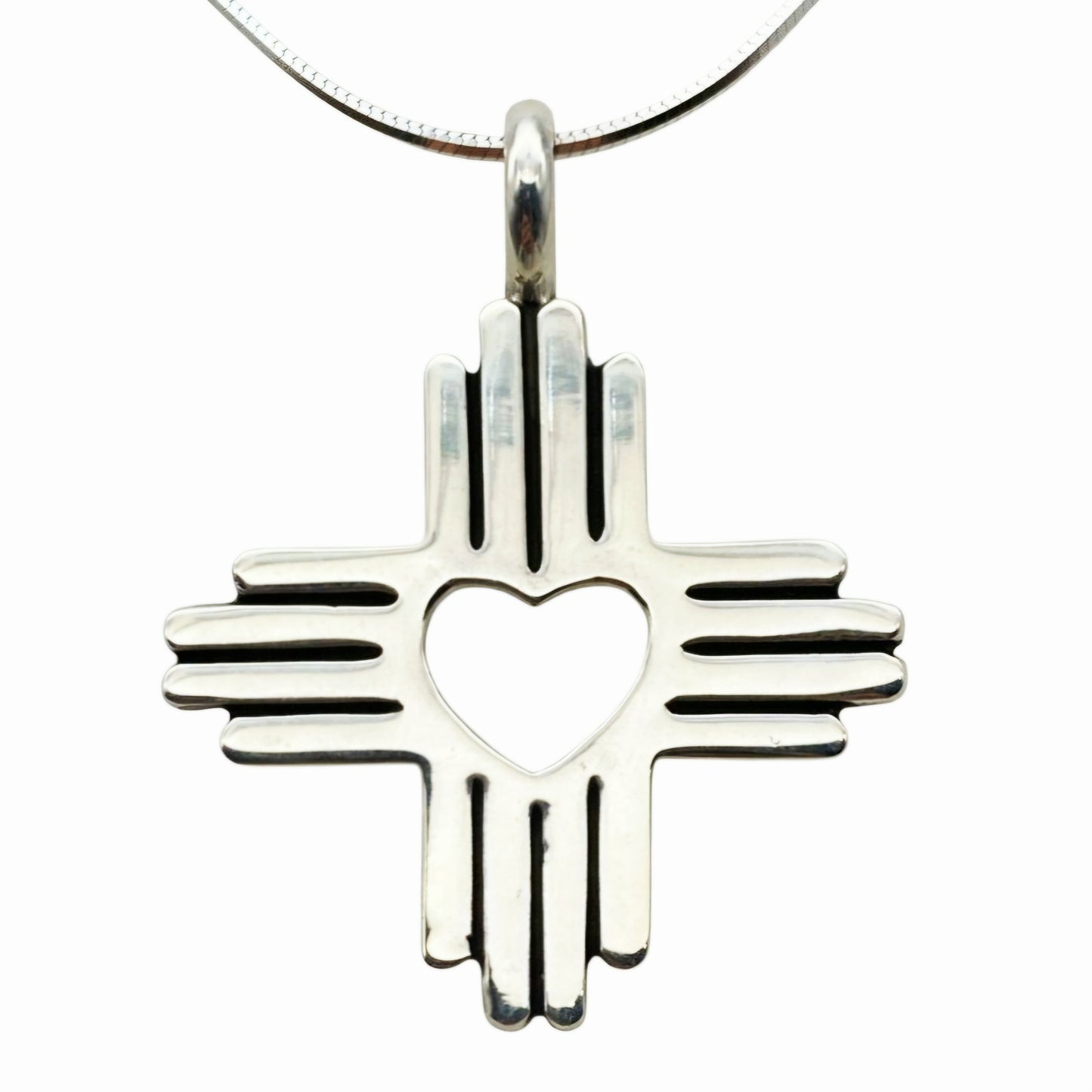 Beautiful *Sterling Silver Heart Zia Sun Pendant – Southwestern Cross Necklace