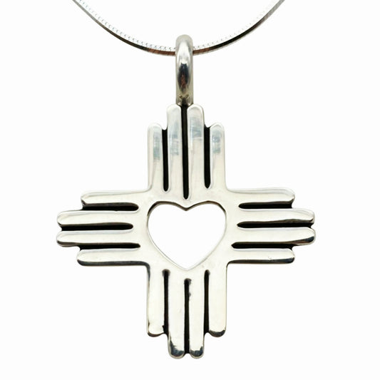 Beautiful *Sterling Silver Heart Zia Sun Pendant – Southwestern Cross Necklace