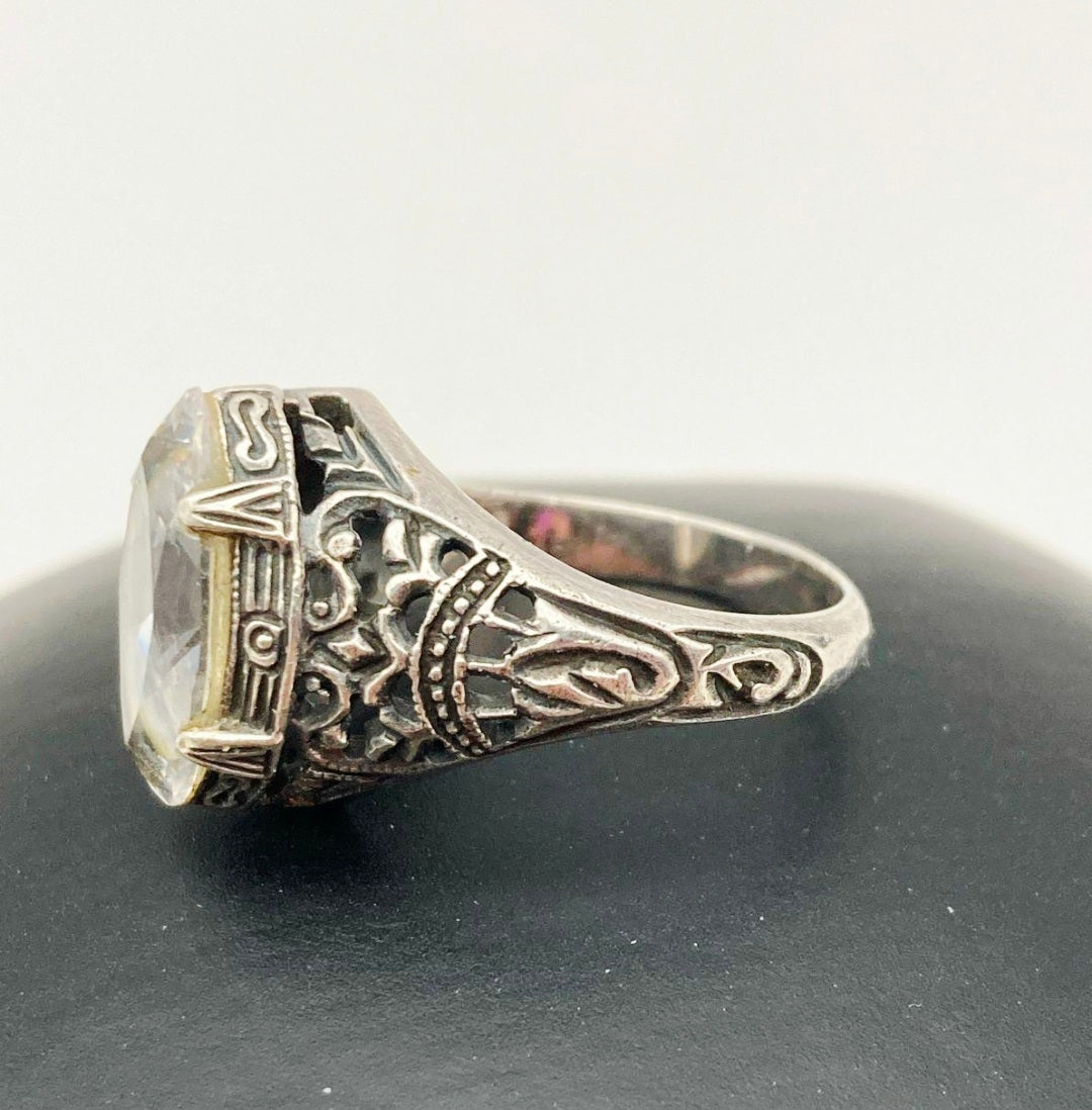 Vintage Art Deco Style Sterling Silver Cocktail Filigree Statement Ring w/ Clear Stone – Sz 7