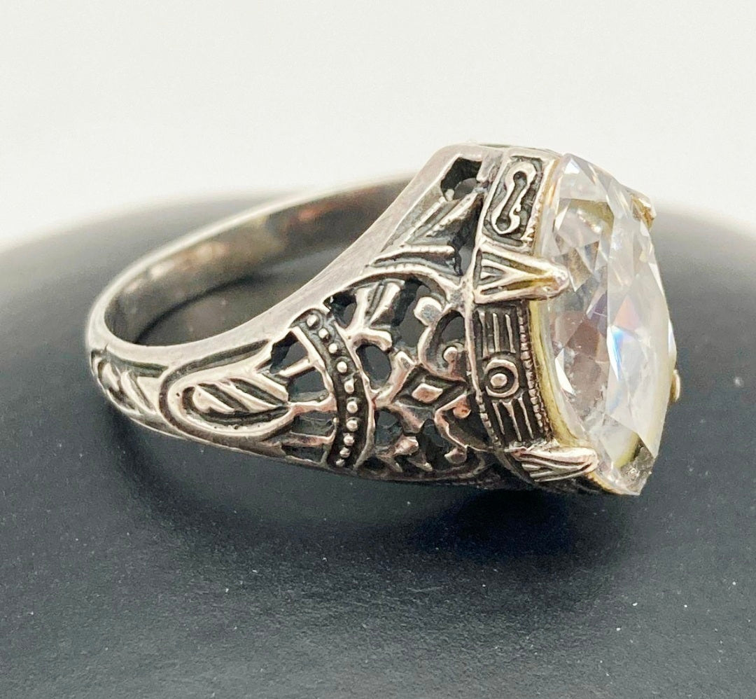 Vintage Art Deco Style Sterling Silver Cocktail Filigree Statement Ring w/ Clear Stone – Sz 7