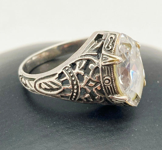 Vintage Art Deco Style Sterling Silver Cocktail Filigree Statement Ring w/ Clear Stone – Sz 7