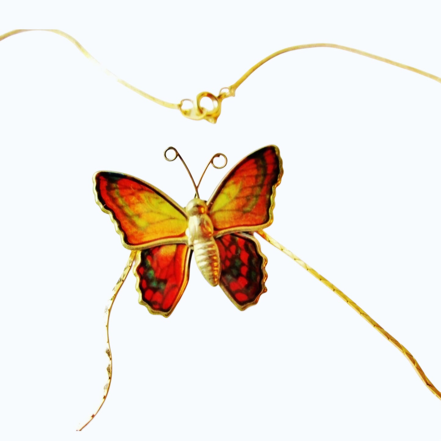 Beautiful 17" Gold-tone Necklace w/ Vibrant Red Butterfly Pendant or Brooch