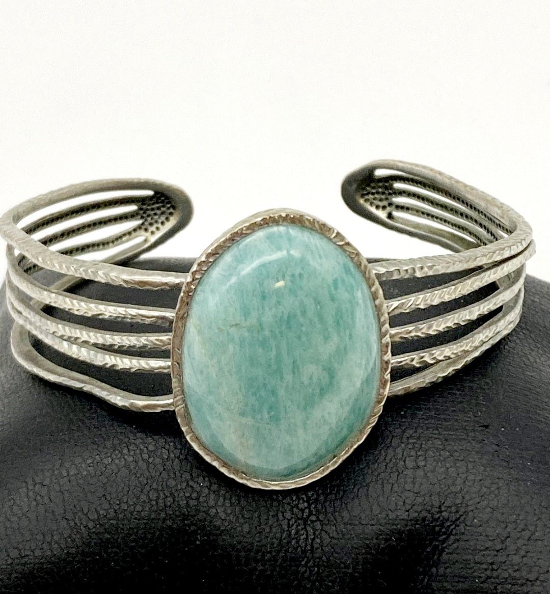 Beautiful *Silver-Tone & Blue Amazonite Bracelet Cuff