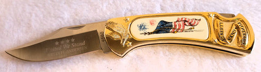 New - Liberty and Freedom Golden 7.25" Pocket Knife with US Flag