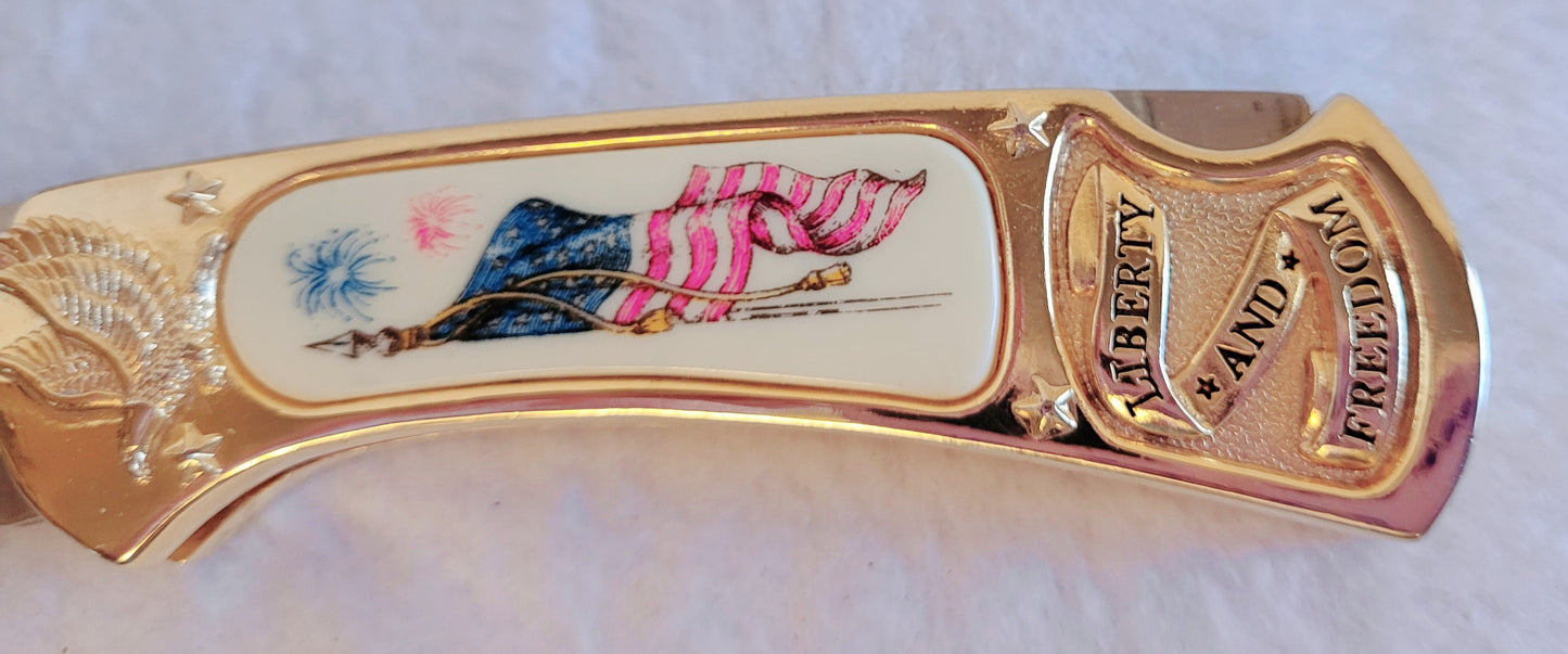 New - Liberty and Freedom Golden 7.25" Pocket Knife with US Flag