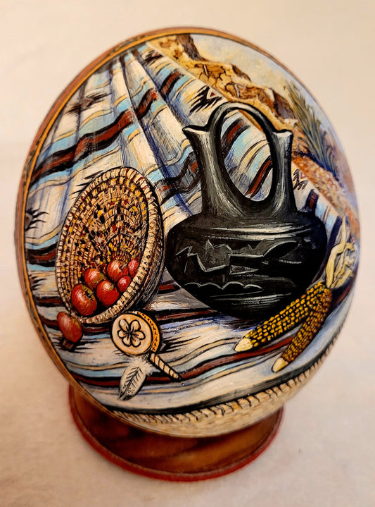 'SANTA CLARA' Amazing Ostrich Native Egg Art, by Artist 'Ruben Gallegos 1986