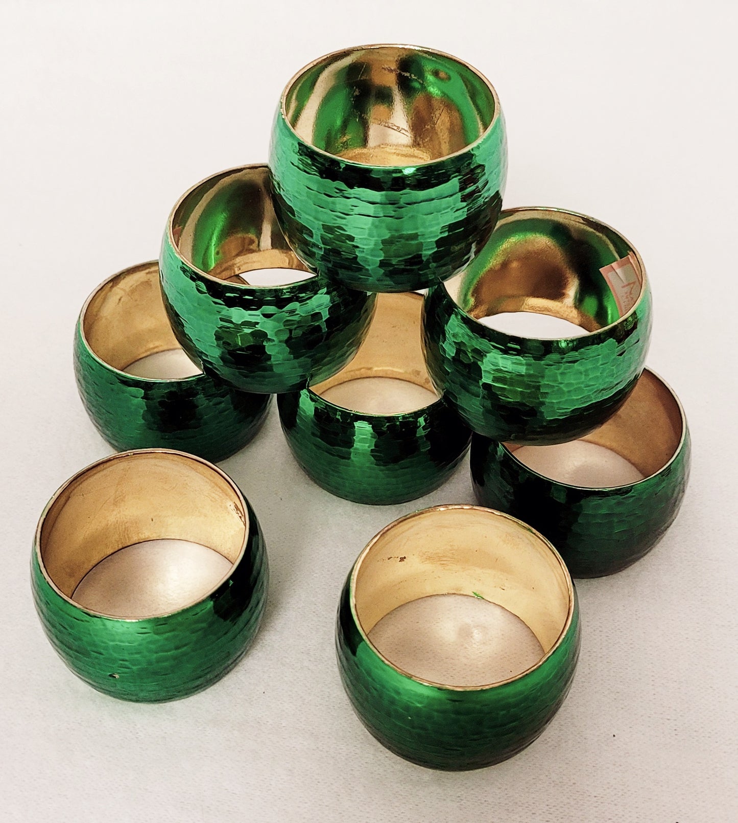 New - 8 Green Hammered Silver Napkin Rings