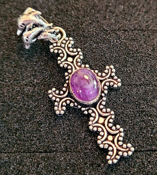 Beautiful Silver/Amethyst Cross & Dolphin Charm