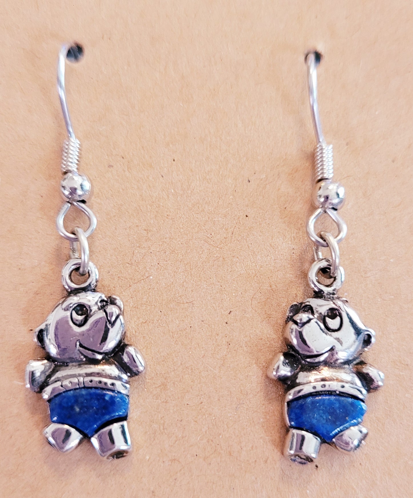New - Pair of Adorable Silver/Blue Lapis Stone Teddy Bear Dangle Earrings *New