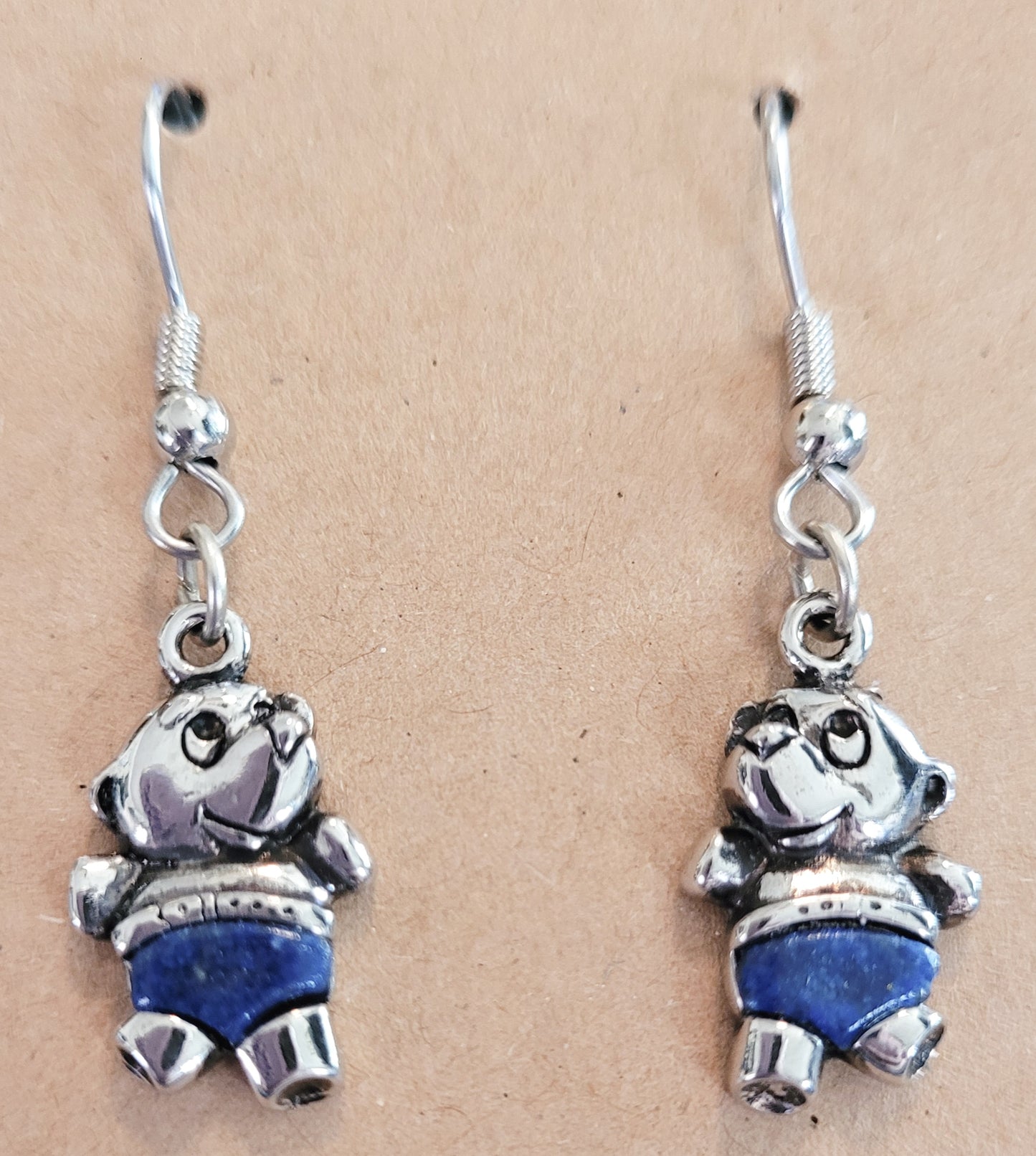 New - Pair of Adorable Silver/Blue Lapis Stone Teddy Bear Dangle Earrings *New