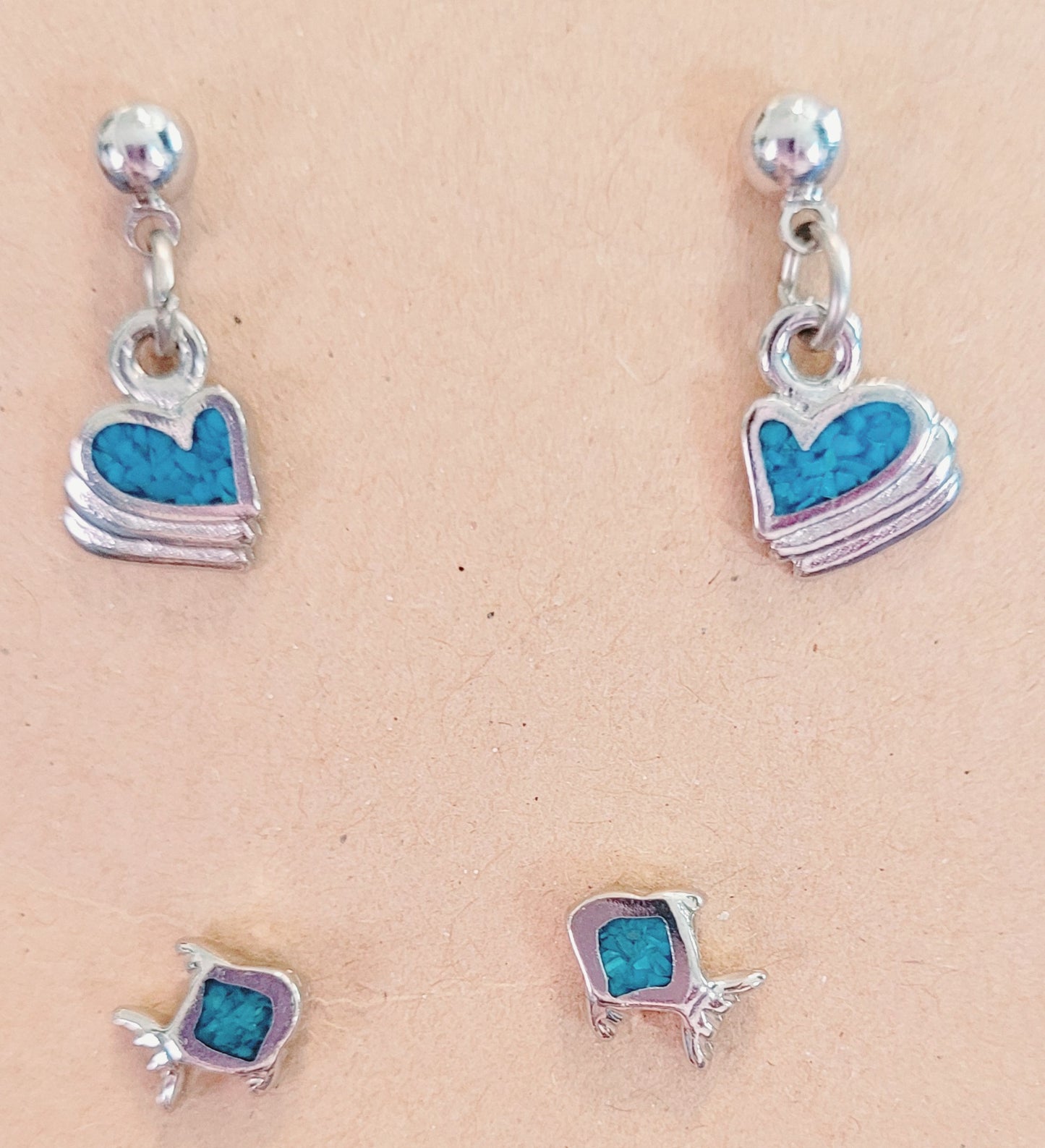 Two Pair Silver/Turquoise Earrings (Heart Dangle & Fish)
