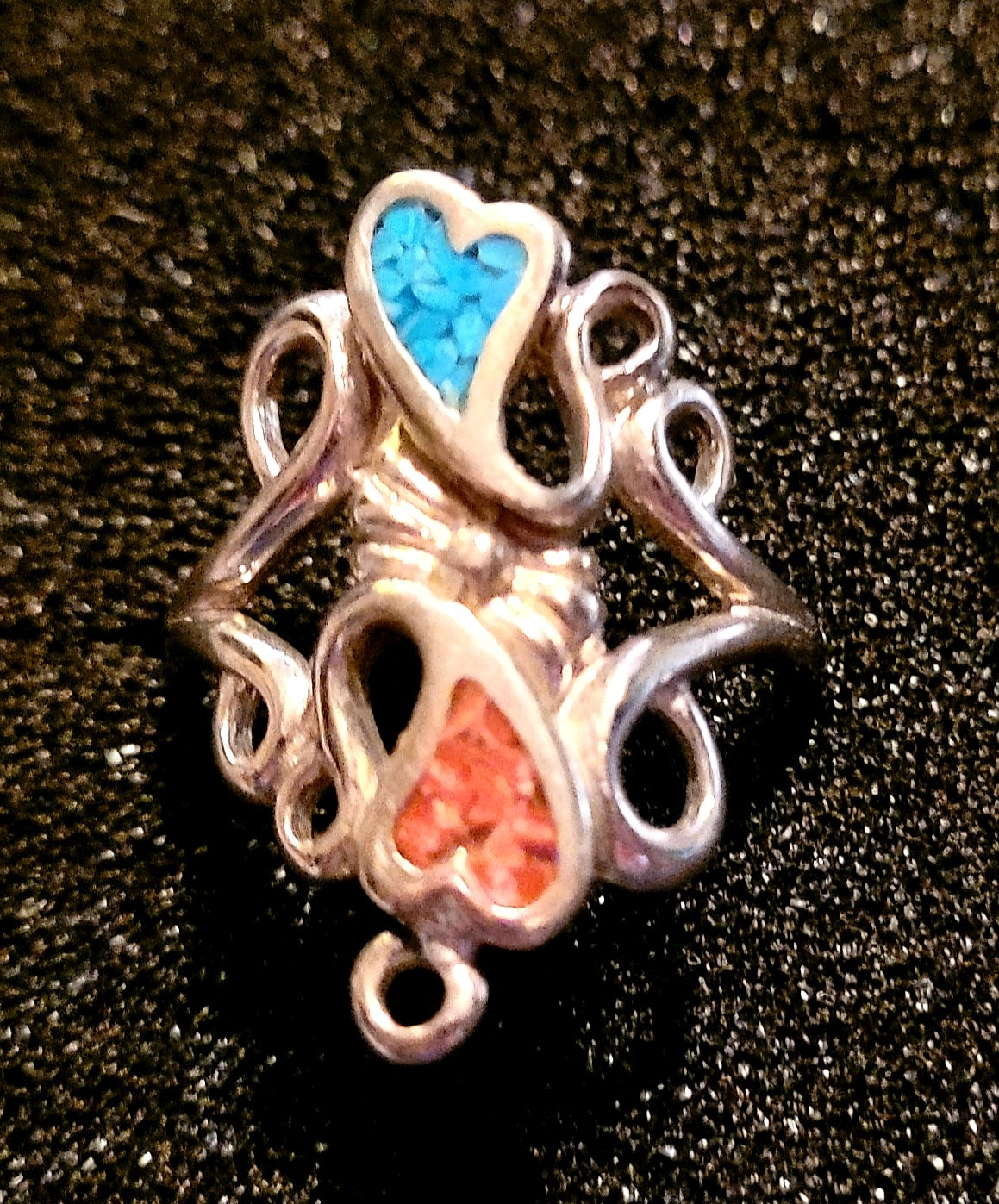 Swirls & Scrolls Hearts Ring w/ Turquoise/Coral Inlay (Size 7.5)