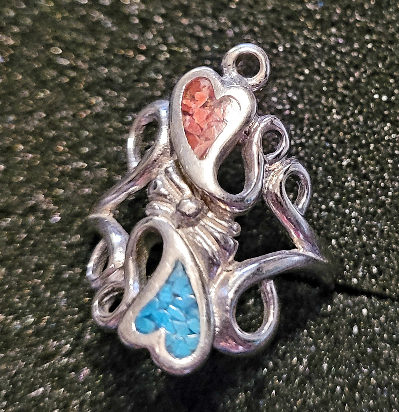 Swirls & Scrolls Hearts Ring w/ Turquoise/Coral Inlay (Size 6.75)