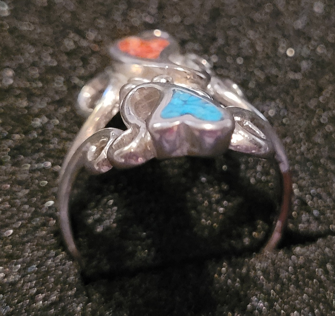 Swirls & Scrolls Hearts Ring w/ Turquoise/Coral Inlay (Size 6.75)