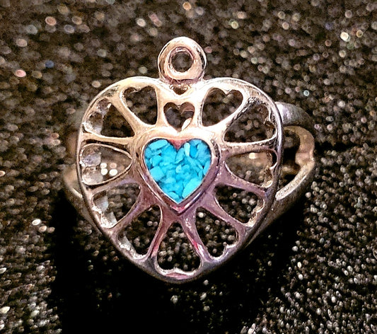 Beautiful Silver & Inlaid Turquoise Hearts Ring *New (Size 7)