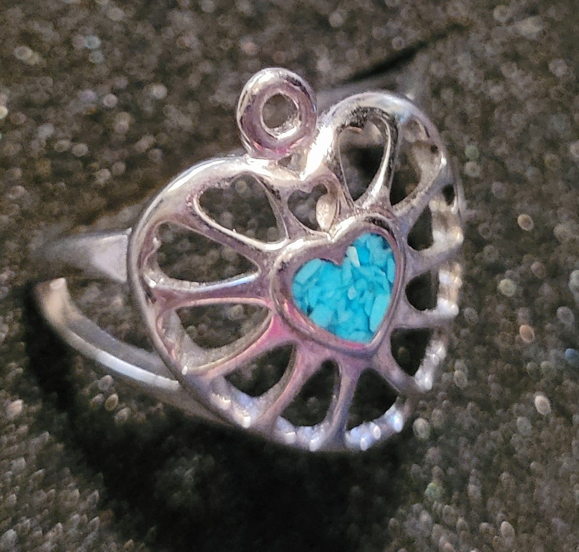 Beautiful Silver & Inlaid Turquoise Hearts Ring *New (Size 7)
