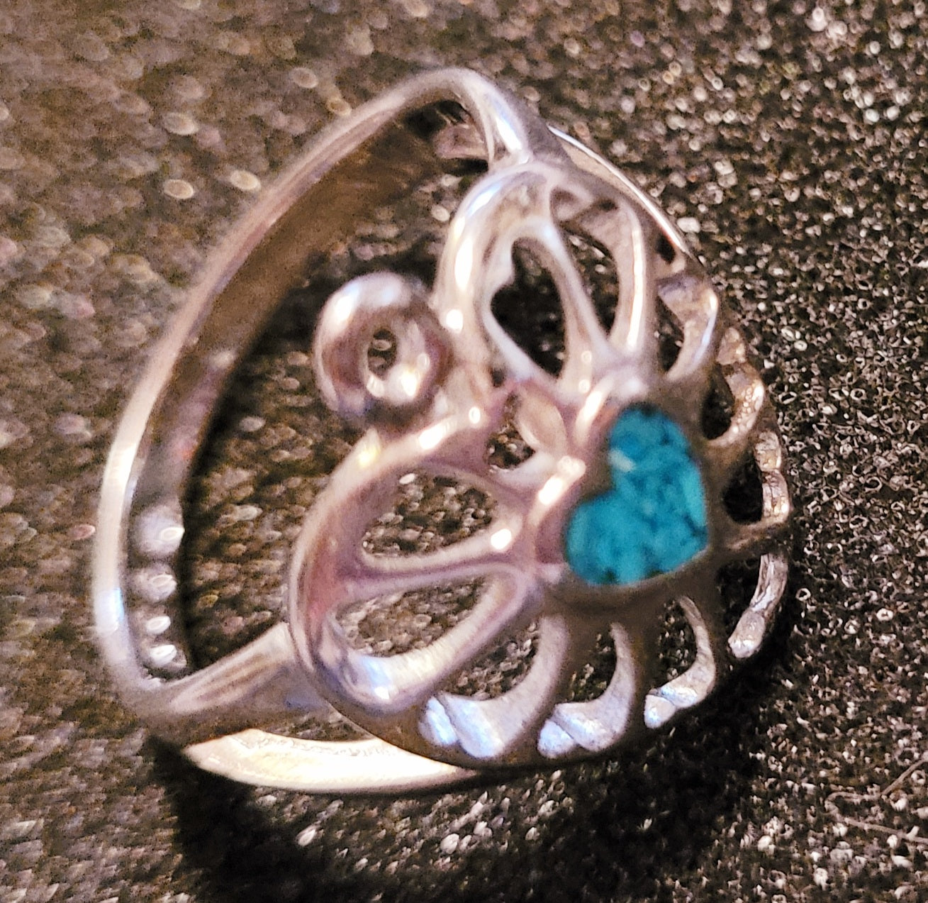 Beautiful Silver & Inlaid Turquoise Hearts Ring *New (Size 7)