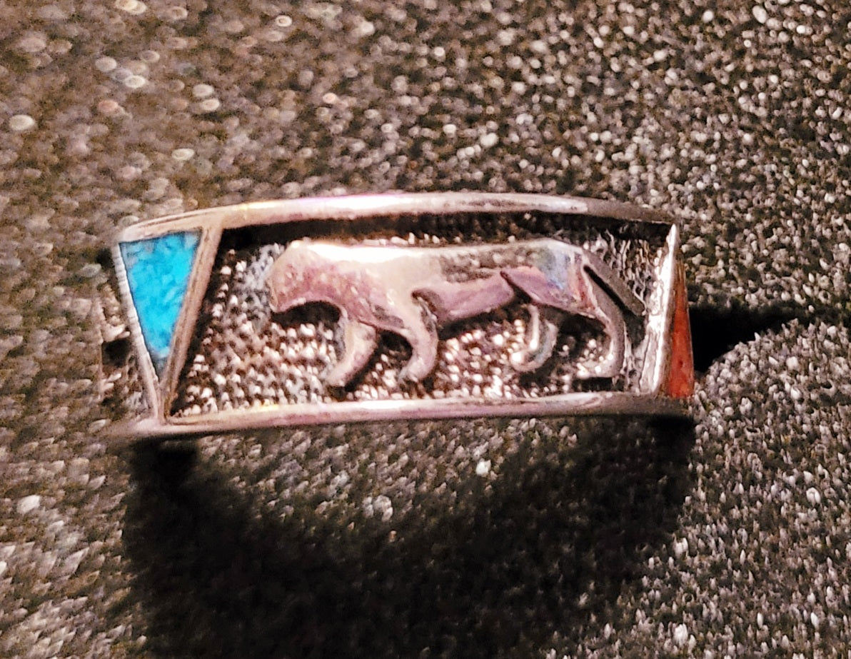 Big Cat Silver & Inlaid Turquoise/Coral Ring Signed *New (Size 7)