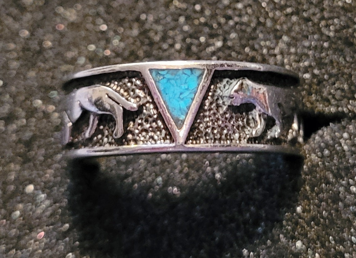 Big Cat Silver & Inlaid Turquoise/Coral Ring Signed *New (Size 7 3/4)