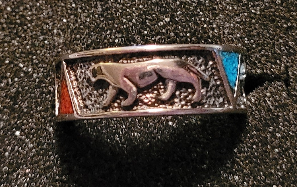 Big Cat Silver & Inlaid Turquoise/Coral Ring Signed *New (Size 7)