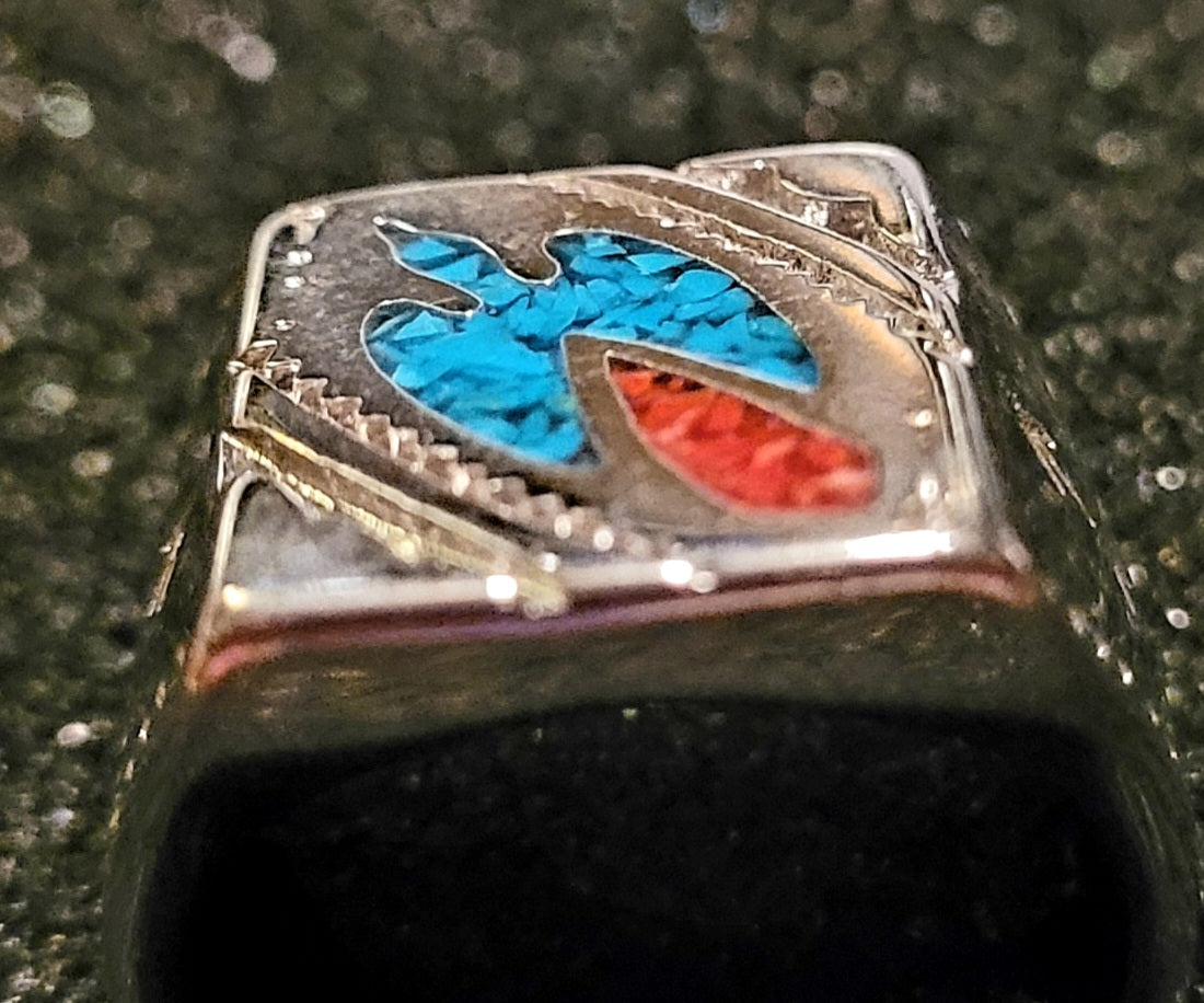 Nice Large Silver Ring w/ Turq. + Coral Inlay Ring (sz 6.25) Marked