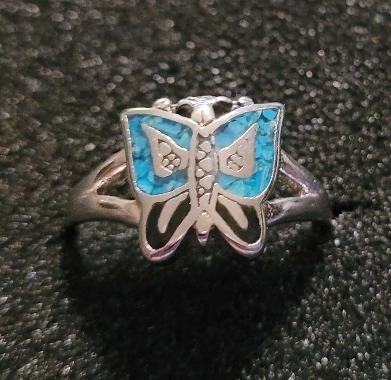 Beautiful Native Silver & Turquoise Butterfly Ring *size 8.75