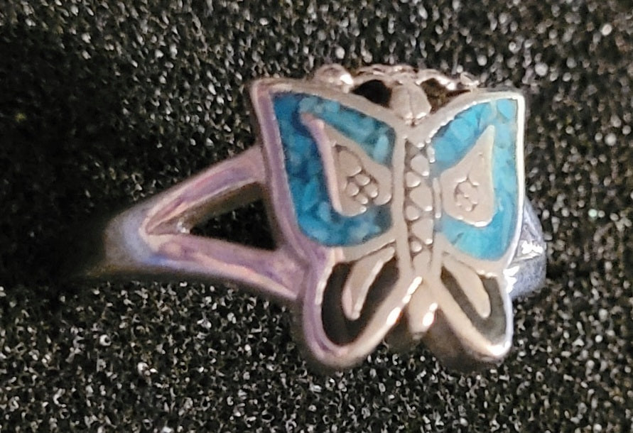 Beautiful Native Silver & Turquoise Butterfly Ring *size 8.75