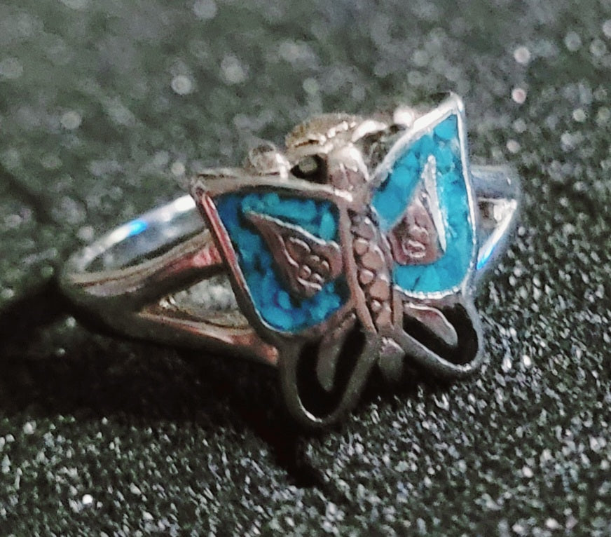 Beautiful Native Silver & Turquoise Butterfly Ring *(size 7.5)