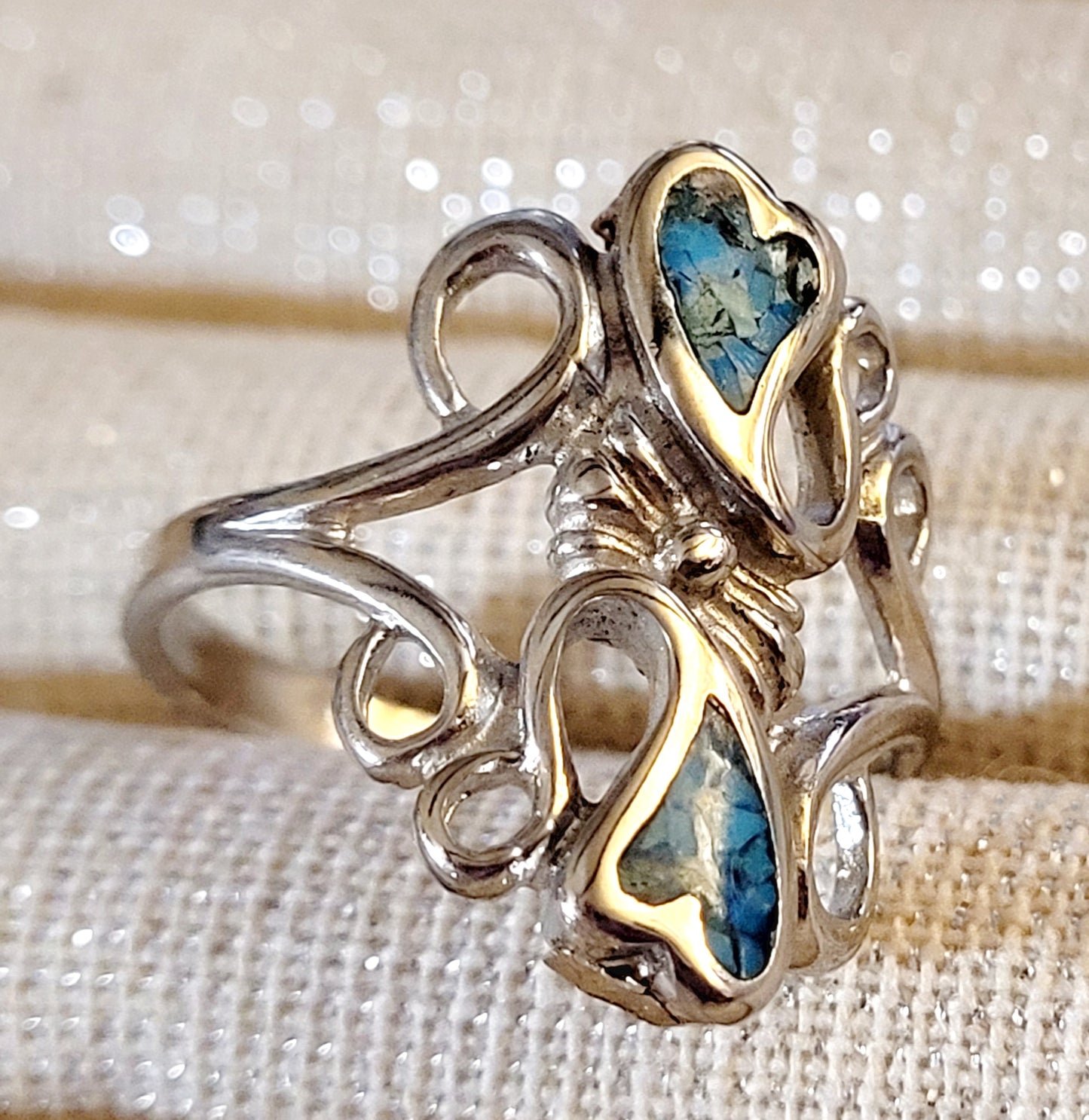Double Turquoise Heart & Swirls Ring (sz 8.25)