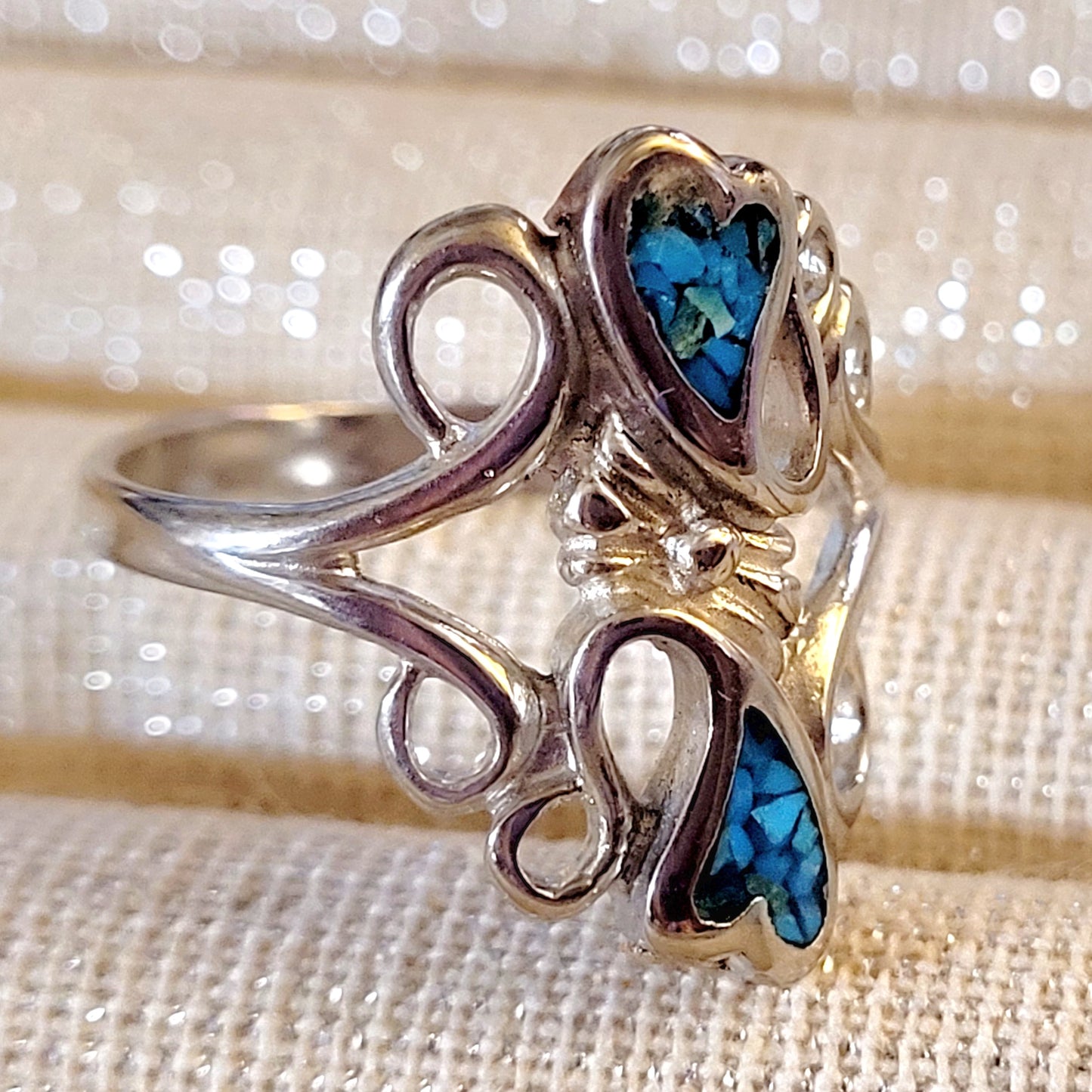 Double Turquoise Heart & Swirls Ring (sz 9)