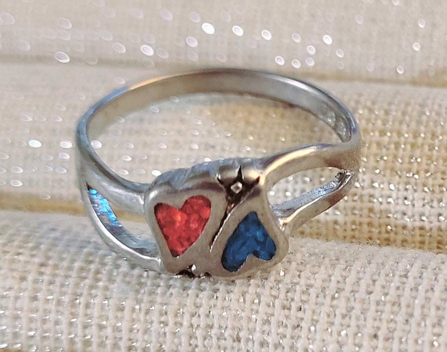 Double Heart Turquoise & Coral Inlay Ring (sz 6.25)