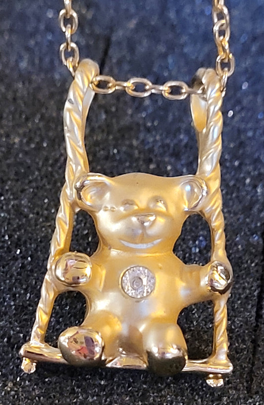 Vintage Louis Giusti 1995 'Hug-A-Bear' SWINGING BEAR Necklace w/ Diamond Accent