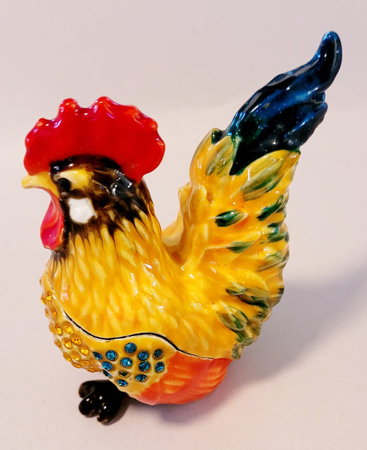 Adorable Colorful Rooster Enameled Bedazzled Trinket Box Jewelry
