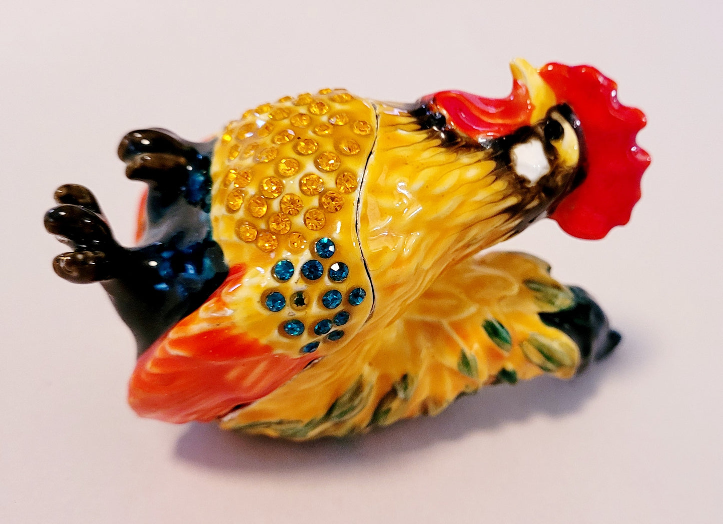 Adorable Colorful Rooster Enameled Bedazzled Trinket Box Jewelry