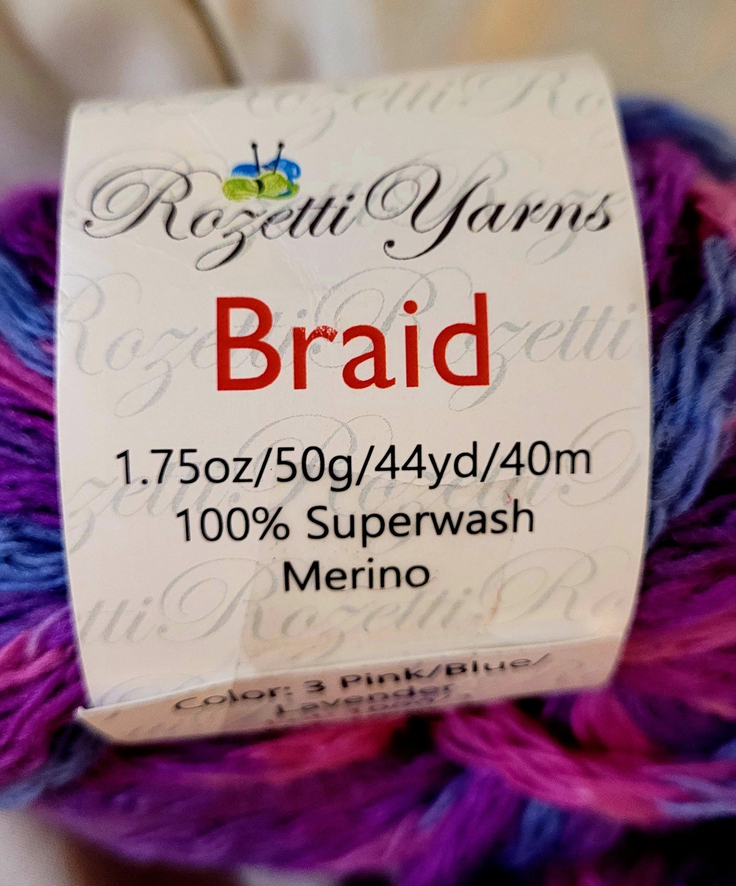 (3) Rozetti Yarns 'BRAID' 132yds *pink/blue/lavender (Retired)