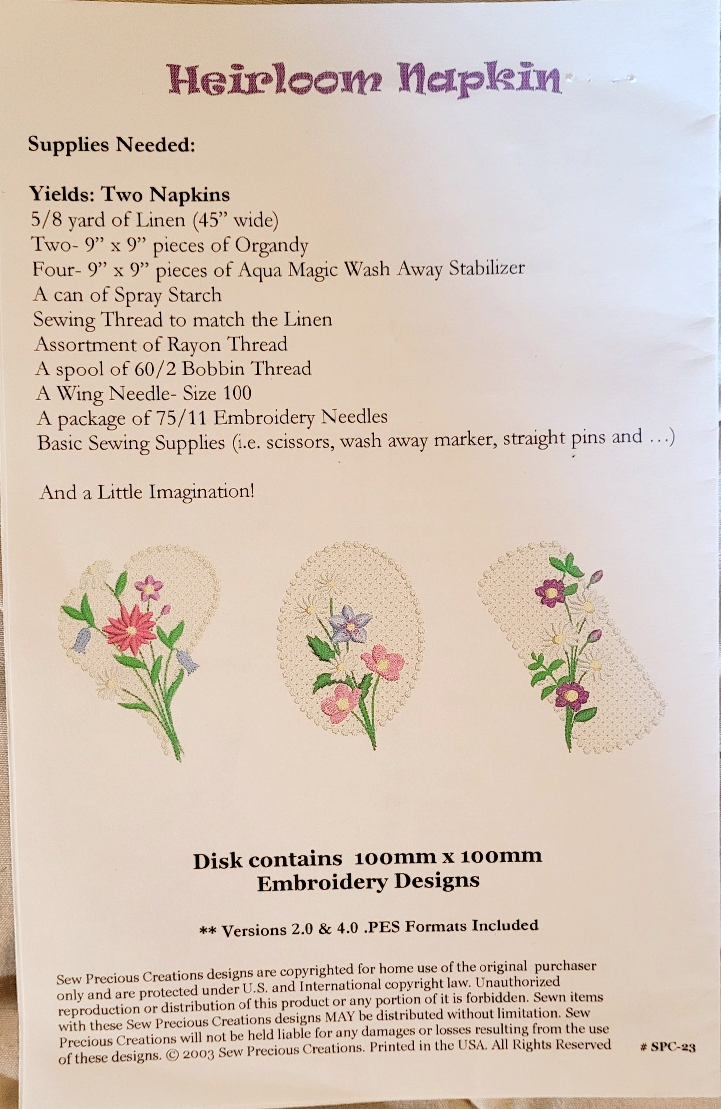 Heirloom Napkin *Several Embroidery Designs on (Disk Included)