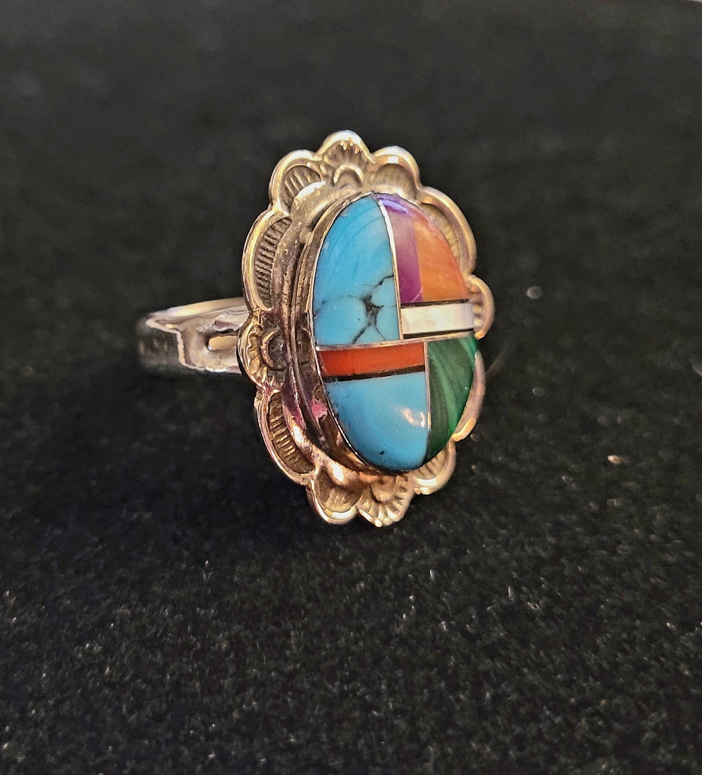 Cute *Sterling Silver & Inlaid Multi Stone Ring (size 7.5)