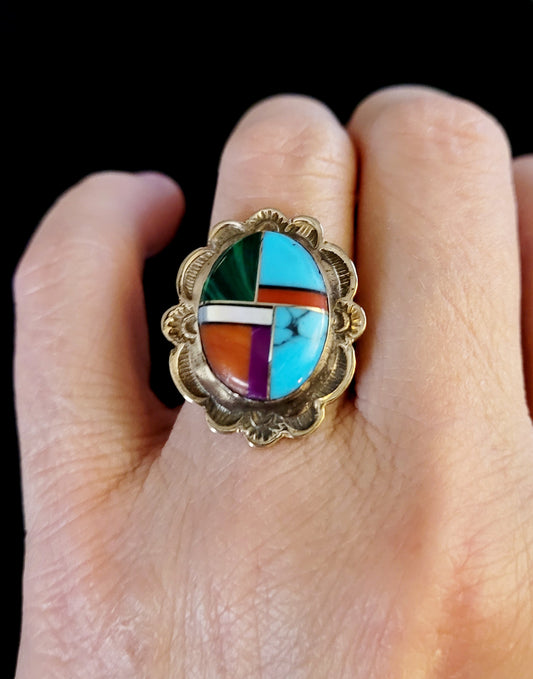 Cute *Sterling Silver & Inlaid Multi Stone Ring (size 7.5)