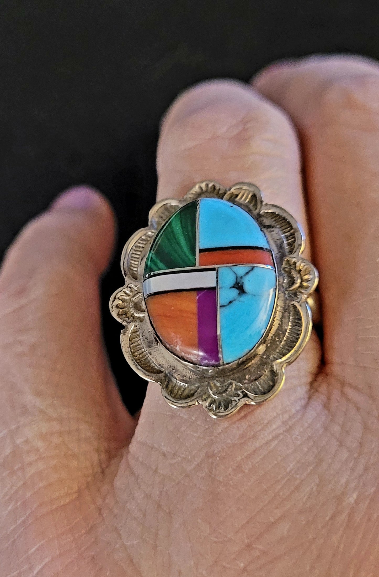 Cute *Sterling Silver & Inlaid Multi Stone Ring (size 7.5)