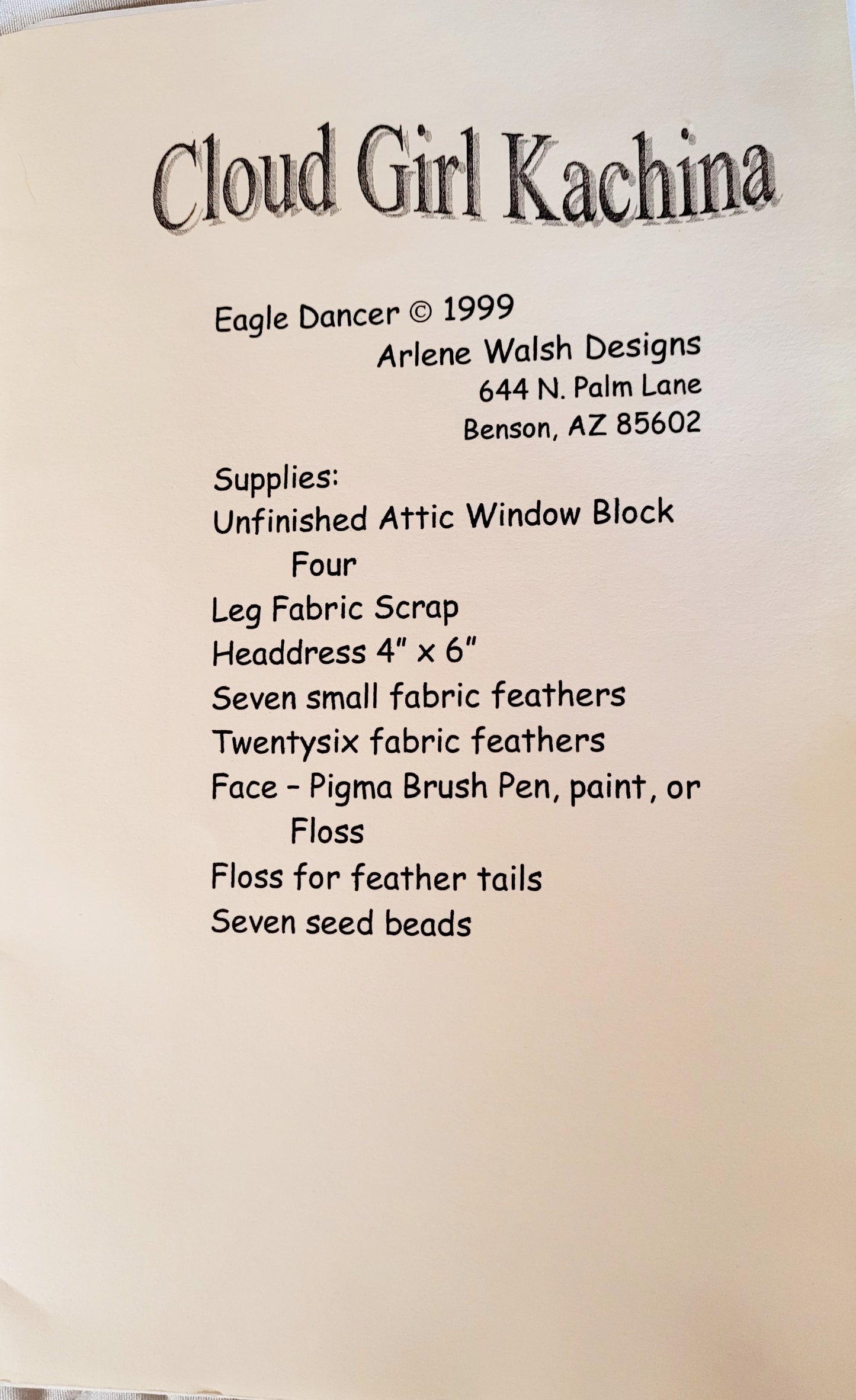 NEW *Eagle Dancer Shadow Box Quilt Pattern: Cloud Girl Kachina Block #4 & Material